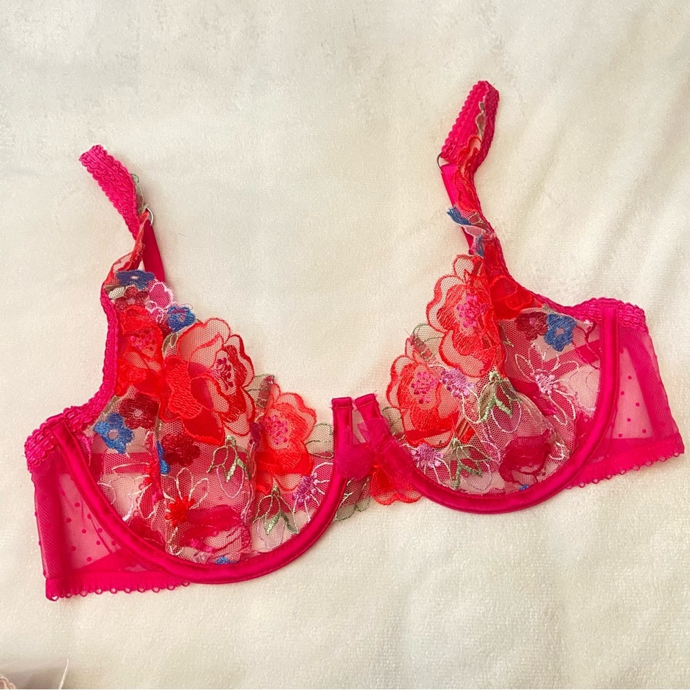 New! For Love and Lemons Luella flocked dot floral bra pink 3824 - Picture 2 of 11